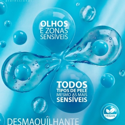 Imagem abstrata azul com gotas e texto sobre desmaquilhante bifásico para olhos e peles sensíveis