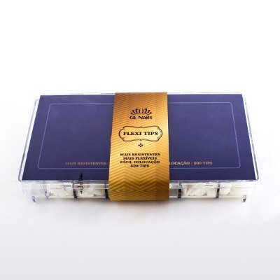 Caixa de unhas artificiais Flexi Tips da GL Nails com embalagem azul e castanha