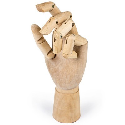 Mão articulada de madeira clara com articulações de parafuso e fundo branco