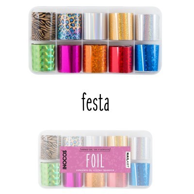 Conjunto de 10 rolos de papel de transferência para unhas com vários padrões e cores numa caixa transparente.