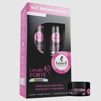 Kit promocional Haskell Cosméticos Cavalo Forte Hidra com shampoo e condicionador em embalagem preta e rosa
