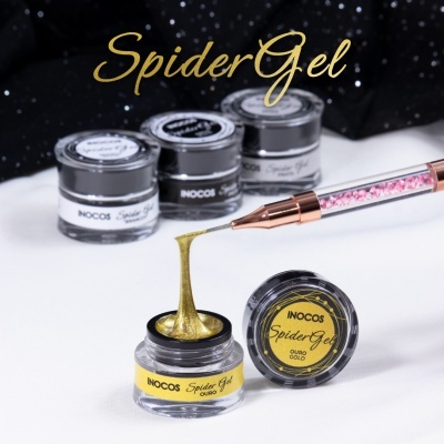 Frascos de Spider Gel da Inocos com gel dourado e pincel rosa