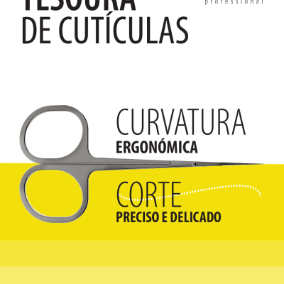 Tesoura para cutículas metálica com design ergonómico e texto promocional