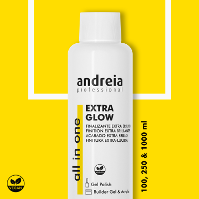 Frasco branco 'andreia professional all in one EXTRA GLOW' sobre fundo amarelo