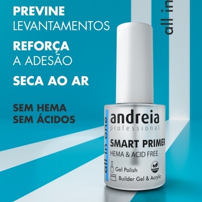 Frasco de verniz para unhas Andreia SMART PRIMER com tampa branca sobre fundo azul e branco.