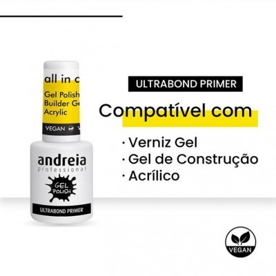 Frasco branco de verniz gel para unhas com rótulo preto e amarelo e símbolo VEGAN sobre fundo branco