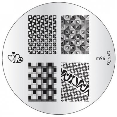 Placa redonda metálica para carimbos de unhas com padrões geométricos em preto e branco.