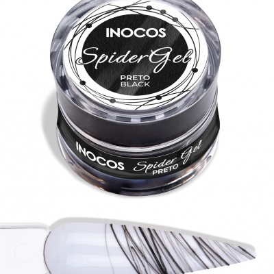 Frasco de Spider Gel preto da Inocos e cartão de demonstração com linhas pretas