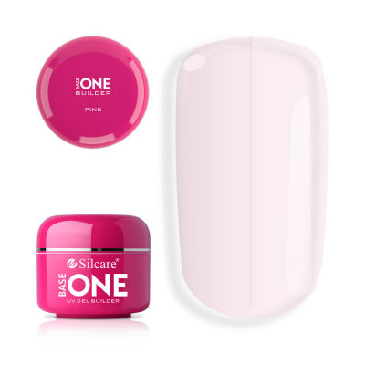 Frasco e tampa rosa do gel UV Base One Silcare e amostra de unha rosa