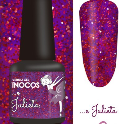 Verniz gel roxo com glitter vermelho e rosa e frasco com etiqueta de bailarina