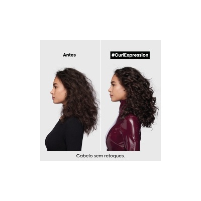 Antes e depois de mulher com cabelo cacheado, texto sobre cabelo sem retoques