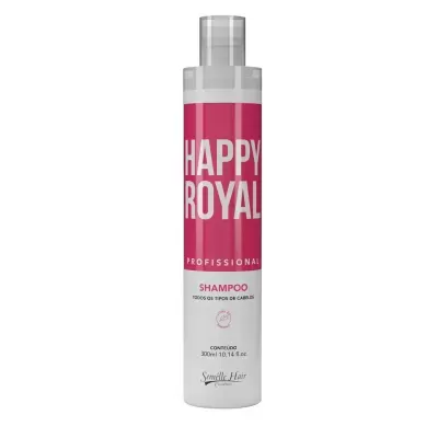 Frasco de champô Happy Royal com rótulo vermelho e branco