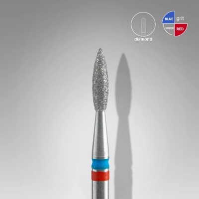 Broca de diamante com haste metálica e anéis coloridos em fundo cinzento