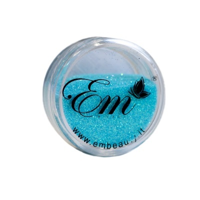 Recipiente redondo transparente com brilho azul turquesa e marca 'Em'.