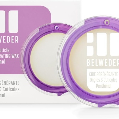 Cera regeneradora para unhas e cutículas BELWEDER, embalagem branca e roxa