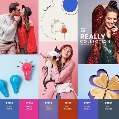 Colagem de imagens de pessoas, desenho e lâmpadas com texto para coleção de gel polish