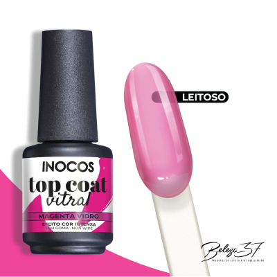 Frasco de verniz Inocos Top Coat Vitral MAGENTA VIDRO com amostra de cor rosa leitosa