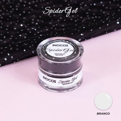 Frasco de gel para unhas Inocos SpiderGel Branco com tecido preto e fundo rosa