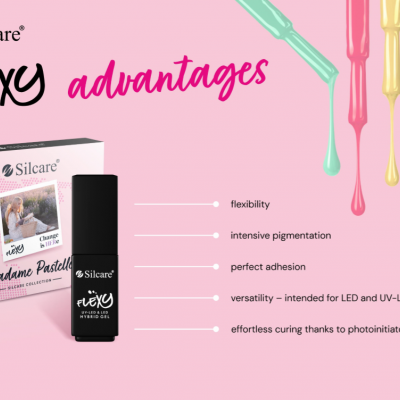 Verniz gel Silcare Flexy Madame Pastelle N26 com embalagem rosa e frasco preto e gotas de verniz coloridas