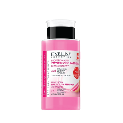 Frasco rosa de removedor de verniz profissional Eveline Cosmetics com texto em polaco e inglês