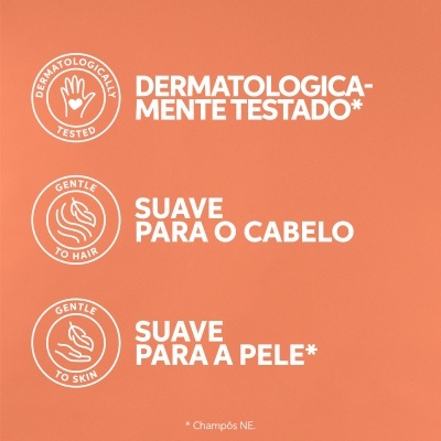 Texto sobre dermatologicamente testado, suave para o cabelo e para a pele em fundo cor de rosa claro