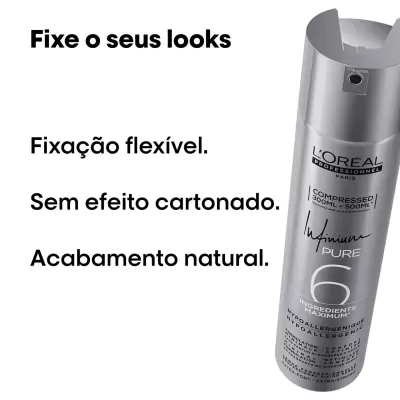 Frasco prateado de spray fixador L'Oréal Infinium Pure com texto em português