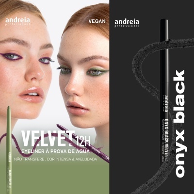 Delineadores Andreia Professional com modelos e texto promocional em português