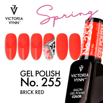 Esmalte de gel Victoria Vynn Brick Red No. 255 com amostras de unhas e frasco