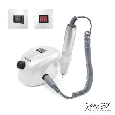 Máquina de manicure elétrica branca com display digital e caneta conectada por cabo espiral