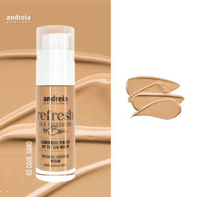 Base líquida andreia professional Refresh Silk Foundation, cor 03 COOL SAND, textura cremosa bege