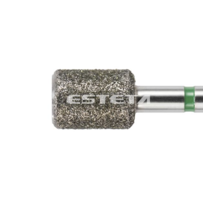 broca rotativa com ponta de diamante cinza e corpo metálico prateado com anel verde