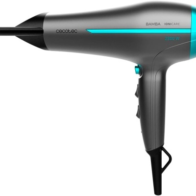 Secador de cabelo cinza com detalhes azuis e pretos, com bocal fino e texto 2300 W