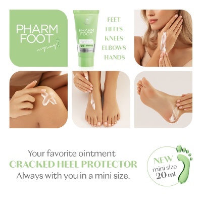 Pomada Pharm Foot para calcanhares rachados em embalagem verde e branca de 20 ml com imagens de aplicação em mãos, pés e cotovelos.