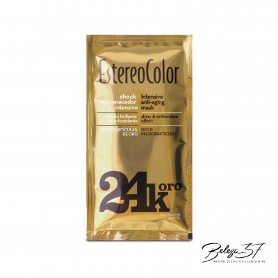 Máscara anti-envelhecimento EstereoColor embalagem dourada com micro partículas de ouro.