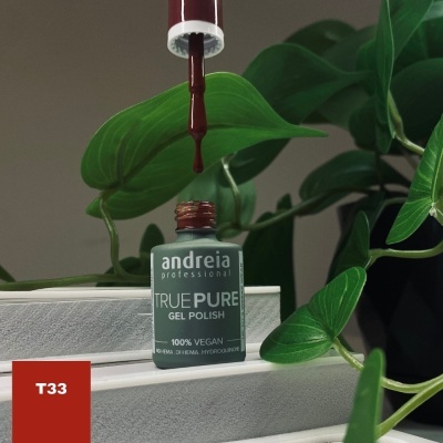 Frasco de esmalte em gel Andreia Professional True Pure cinza com pincel vinho e folhas verdes ao redor