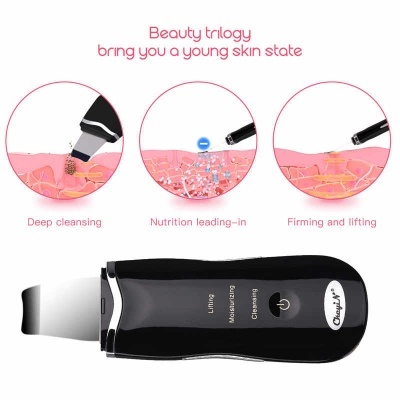 Dispositivo preto e prateado para cuidado facial com funções de limpeza, nutrição e lifting mostrado em esquemas