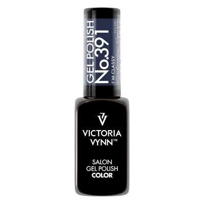 Frasco de verniz gel preto Victoria Vynn com texto branco