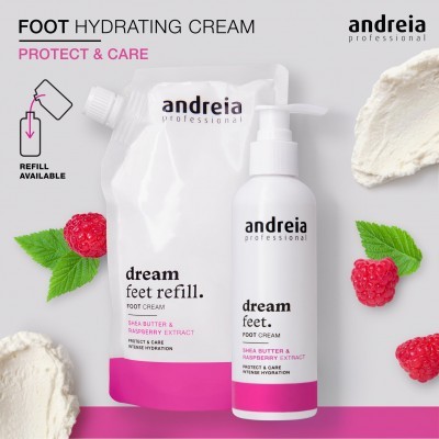 Creme para pés andreia professional em embalagem pump e refil com texto visual e framboesas frescas.