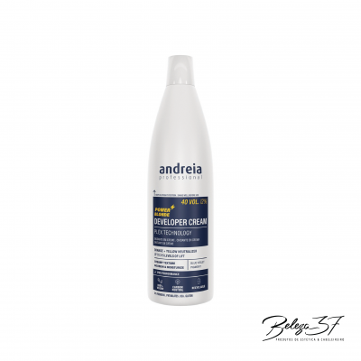 Frasco branco de creme revelador Andreia Professional com texto azul e amarelo