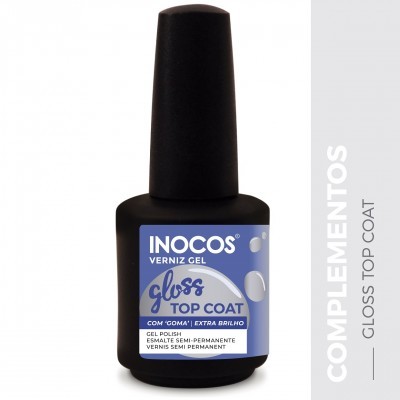 Frasco preto de verniz gel Inocos gloss top coat com rótulo azul