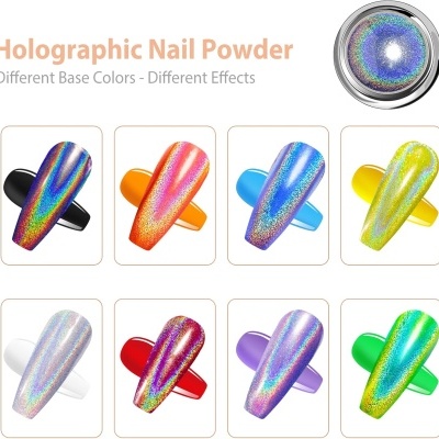 Amostras de pó de unhas holográfico em várias cores e suportes coloridos