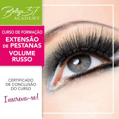 Promoção de curso de extensão de pestanas volume russo com imagem de olho e texto colorido