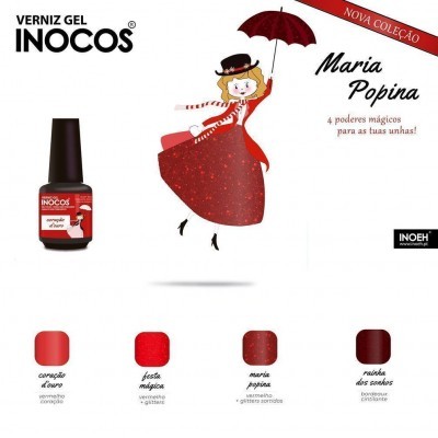 Verniz gel INOCOS coleção Maria Popina com vários tons de vermelho glitter com ilustração de personagem feminina com guarda-chuva.