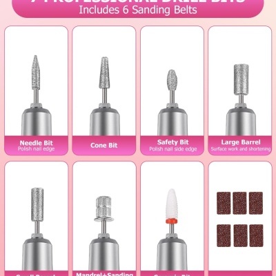 Set de 7 pontas de broca profissionais com 6 cintas de lixa, em fundo rosa
