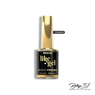 Frasco de primer para unhas Inocos like gel Bond Primer com tampa dourada em fundo branco