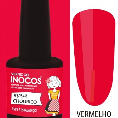Frasco de verniz gel Inocos vermelho vivo com rótulo e amostra da cor