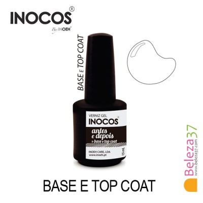 Frasco preto de verniz gel Inocos base e top coat sobre fundo branco
