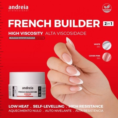Produto Andreia French Builder 2in1 com mão feminina exibindo unhas francesas em fundo vermelho