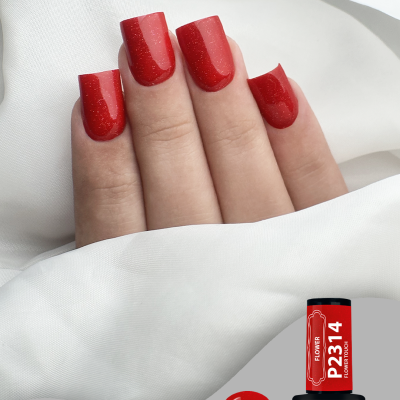 Unhas com verniz gel vermelho e frasco de verniz gel purple P2314