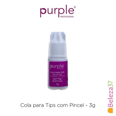 Frasco pequeno de cola para tips com rótulo roxo e texto branco